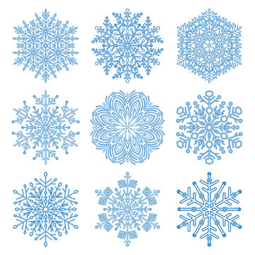 Set of vector blue snowflakes. Fine winter ornament. Snowflakes collection