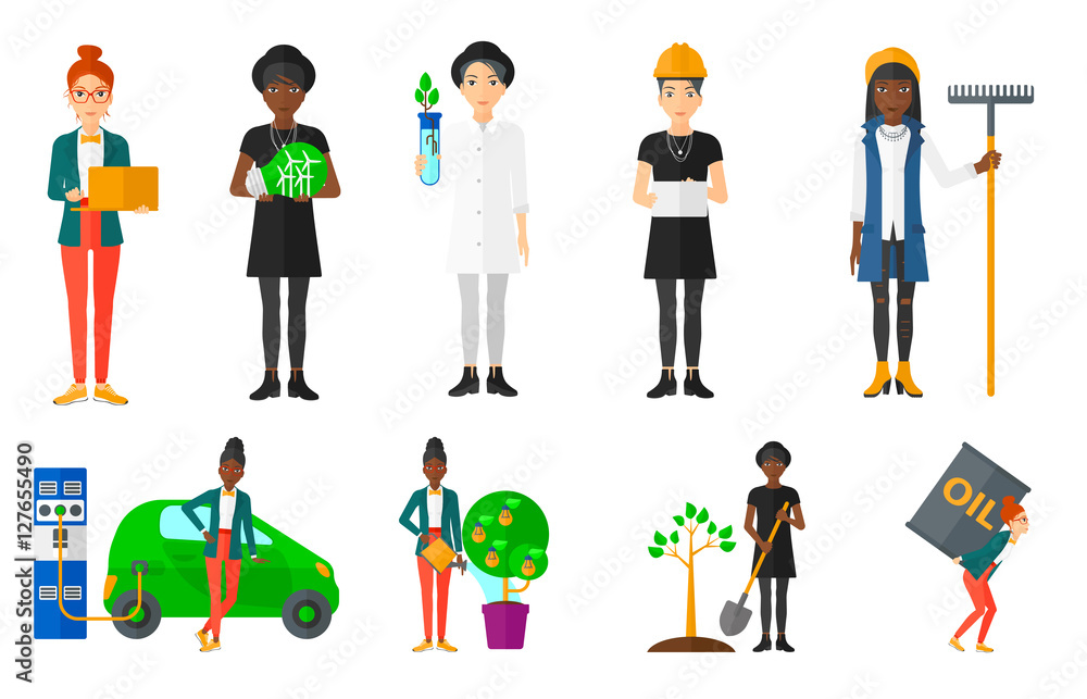Poster vector set of characters on ecology issues.