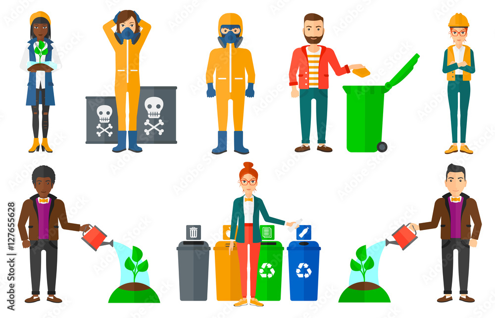 Poster vector set of characters on ecology issues.