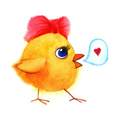 Little cute chicken with red bow. Watercolor hand painted illustration.