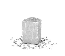 Rendering big rectangular block of gray rock and its chips isolated on white background.