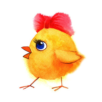 Little cute chicken with red bow. Watercolor hand painted illustration.