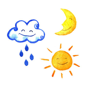 Weather watercolor set of icons. Cute smiling sun, moon, star, drops, and cloud.  hand painted illustration.