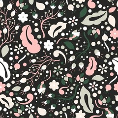Beautiful floral seamless pattern. Bright buds, leaves, flowers. Pastel colors. 