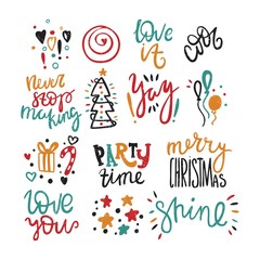 Big set vector hand drawing text for Merry Christmas. Party time. Love you. Cool