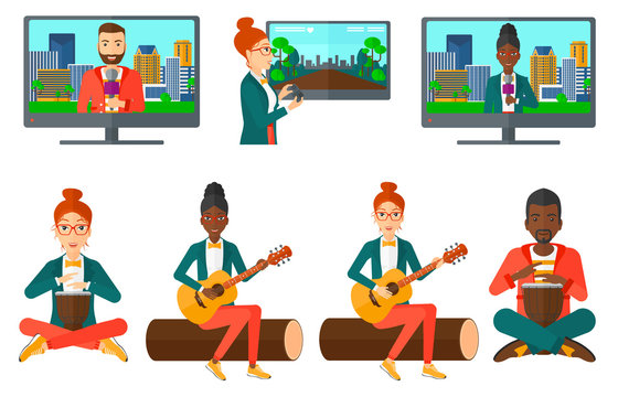 Vector set of media people and musicians.