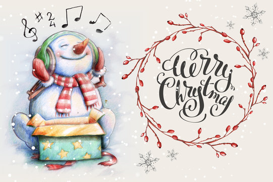 Snowman listening Christmas song