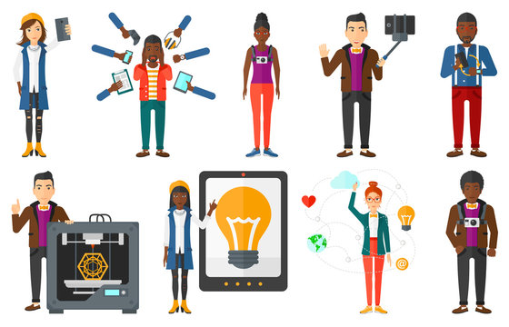 Vector set of people using modern technologies.