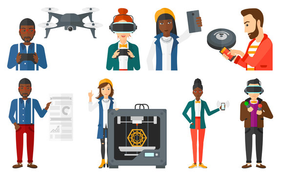 Vector set of people using modern technologies.