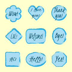 Blue stickers with the text Wow, I love you, Thank you, Lol, Welcome, Bye, Hello, Hi, Yes.