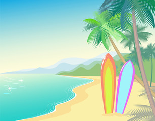 Tropic Beach Summer Landscape. Seashore wave hot. Vacation travel relax vector flat surfboard. Palm blue ocean sea.