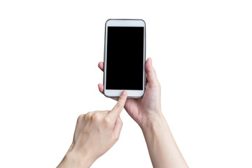Hand using phone on isolated white. Woman hand touching phone