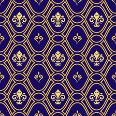 Seamless vector ornament. Modern geometric pattern with blue background and golden royal lilies