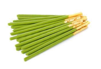 biscuit stick with green tea flavored on white background