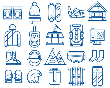 Snowboarding and skiing thin line icons. Winter sports and activity elements set. Mountain ski and snowboard equipment and gear vector icons. Winter active lifestyle collection. Snowboard travel set.