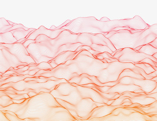 Wavy linear colorful procedural terrain. Striped digital extraterrestrial landscape. Trendy wireframe cybernetic mountains. Modern illustration for a background. Element of design.