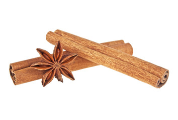 Anise and cinnamon sticks isolated on white background