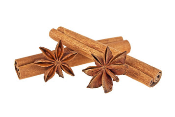 Anise and cinnamon sticks isolated on white background