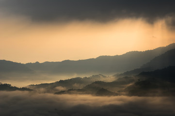 Closeup Fantastic Landscape of Misty Mountain over Phu Lanka mou