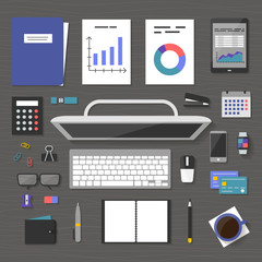 The concept banner marketing and management, office tools objects and devices on table, flat symbol top view, modern design, work space vector illustration