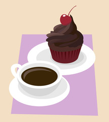 Dark Chocolate cupcake icing with cherry in red paper case. Black coffee in white cup. Cafe breakfast vector