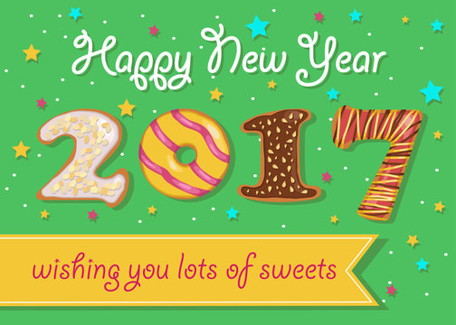 Happy New Year 2017. Colorful donuts font.