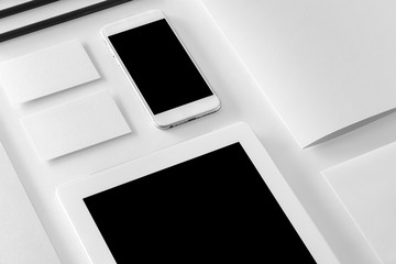 Brand identity mockup. Corporate stationery set at textured background.
