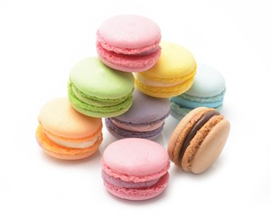 Sweet and colourful french macaroons or macaron on white background