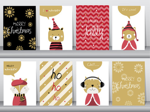 Set of cute Merry christmas  background with cute animal and winter clothes, Vector illustrations