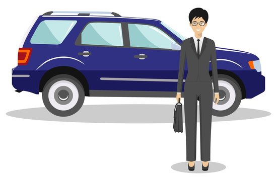 Asian businesswoman standing near the blue car on white background in flat style. Business concept. Detailed illustration of automobile and woman. Flat design people character. Vector illustration.