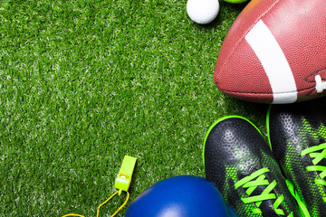 Various sport tools on grass