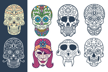 A set of decorative sugar skull illustrations, great for Day of the Dead or printed on different products.