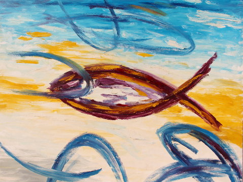The fish, original oil painting on canvas, Christian symbol, Christian fish