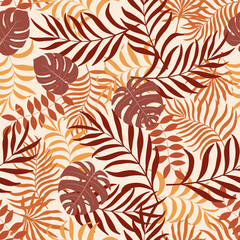 Seamless pattern with hand-drawn tropical leaves.