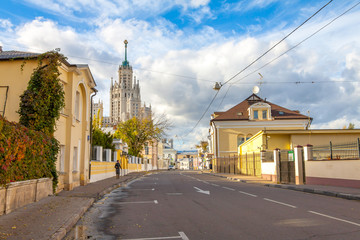 The center of Moscow, Goncharnaya street in the autumn, stalinist skyscraper view