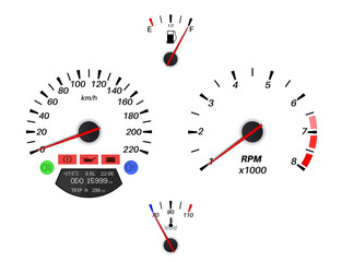 Car dashboard signs. Speedometer, tachometer, fuel and temperature gauge