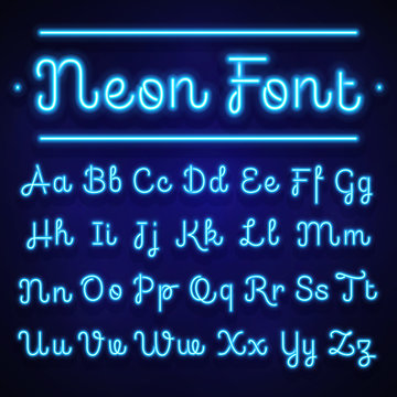 Glowing neon calligraphic letters on dark. Vector alphabet signs