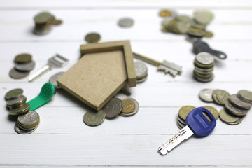 key and russian coins on background