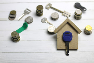 key and russian coins on background