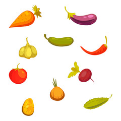 Farming production, vegetables icons set with cucumber, tomato, eggplant, radish, garlic, potato, carrot vector illustration