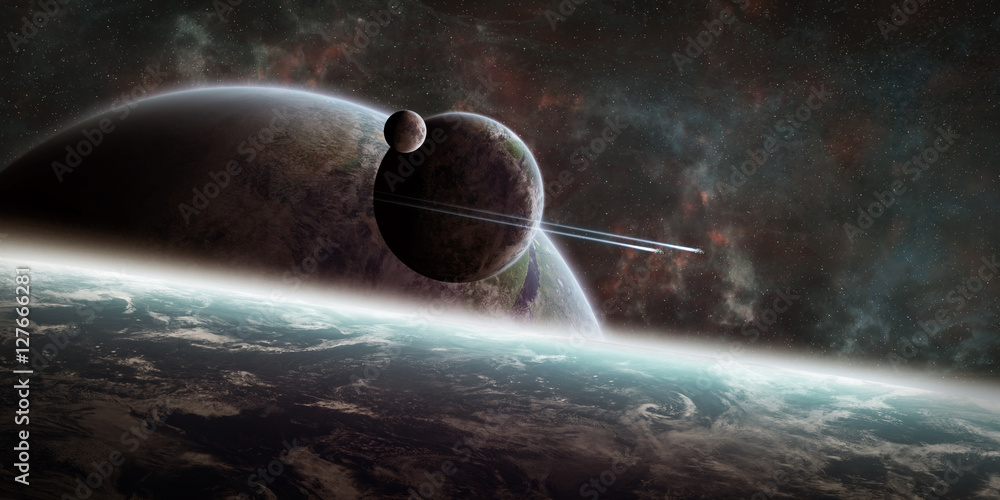 Poster Sunrise over distant planet system in space 3D rendering element