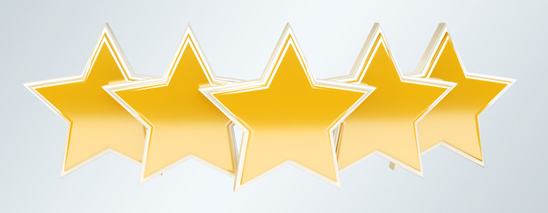 Five digital gold ranking stars 3D rendering