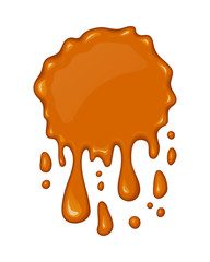 Vector splash of flowing caramel. Sweet liquid drop. Melt sugar, syrup or honey for dessert. Cartoon design. Graphic element for banner or sticker.