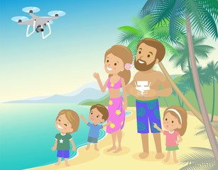 Obraz na płótnie Canvas Big family mom dad and three children kids boy girl on vacation seashore ocean sea with quadcopter drone taking photo vector flat cartoon