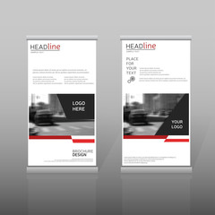 Red roll up, business brochure template. Vertical banner design.