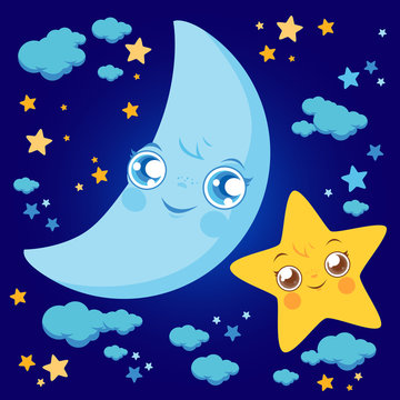 Cute moon and star characters in the night sky. Vector illustration 