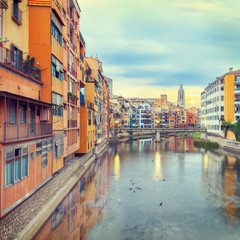 Fototapeta na wymiar historical jewish quarter in Girona, view of the river at sunrise, Barcelona, Spain, Catalonia
