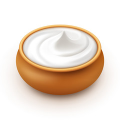 Ceramic Pot of Sour Cream Sauce Mayonnaise Ice Cream Close up Isolated on Background