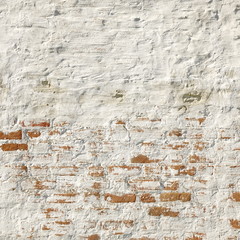 Rectangular Red Brick Wall With  Shabby White Plaster Background