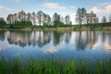 Fototapeta premium Beautiful spring landscape with river, trees and blue sky.